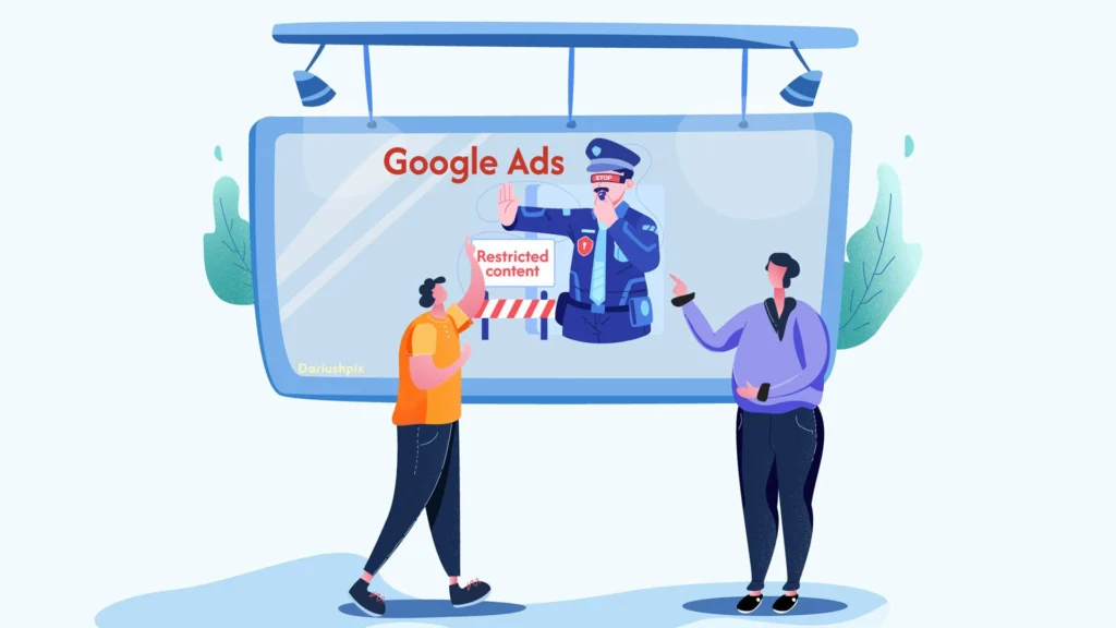 Infographic showing Google Ads 2026 restricted content categories, including Prediction Markets, Financial Services, and Healthcare policy icons on a digital dashboard.