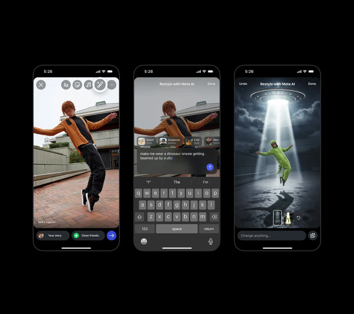 Interface of Instagram Stories in 2026 showing the 'Restyle' tool powered by Meta AI, featuring generative background replacement and AI-driven artistic filters.